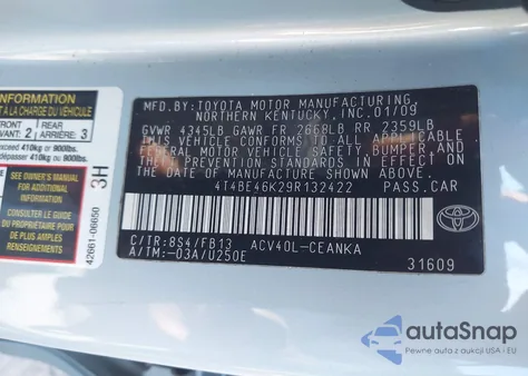 2009 Toyota Camry Le from USA, damaged, VIN 4T4BE46K29R132422